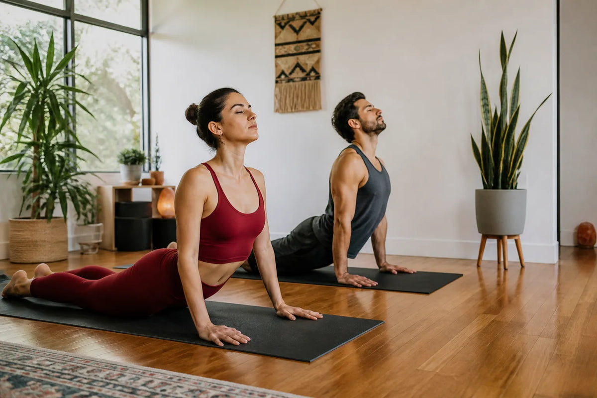 couple doing cobra in home practice room