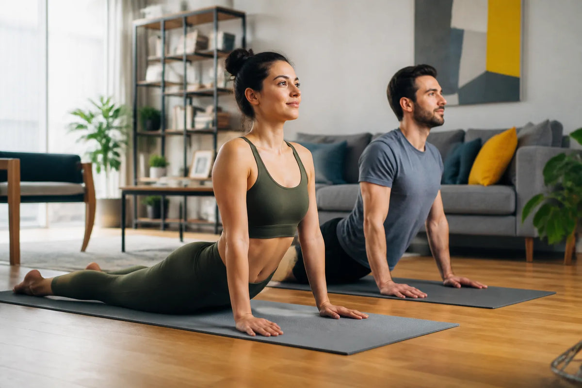 couple doing cobra pose in living room
