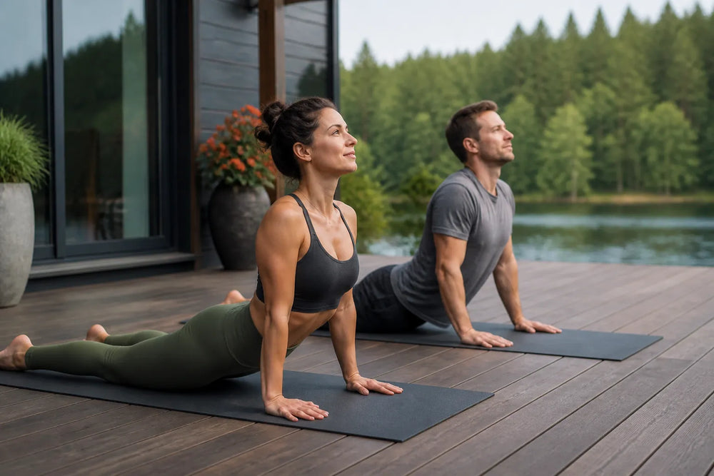 couple doing cobra pose in outdoor deck