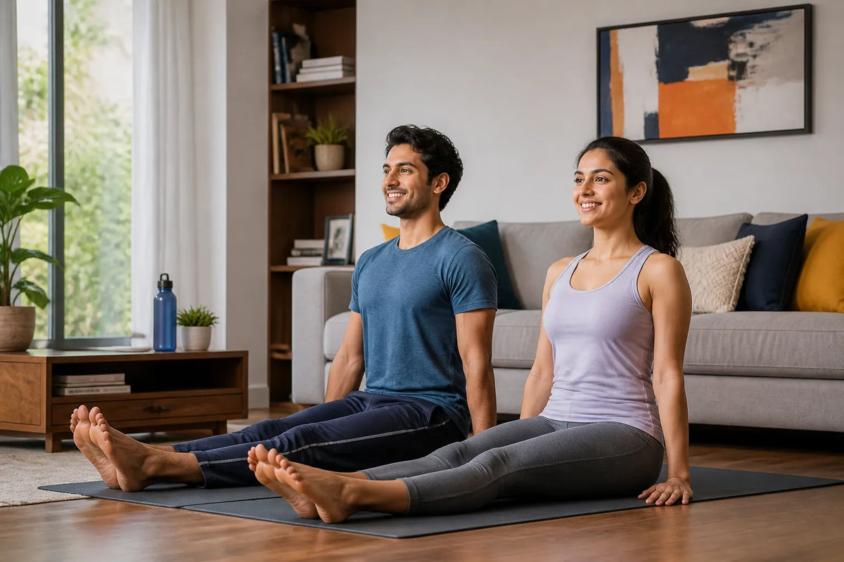 couple doing easy seat pose in living room
