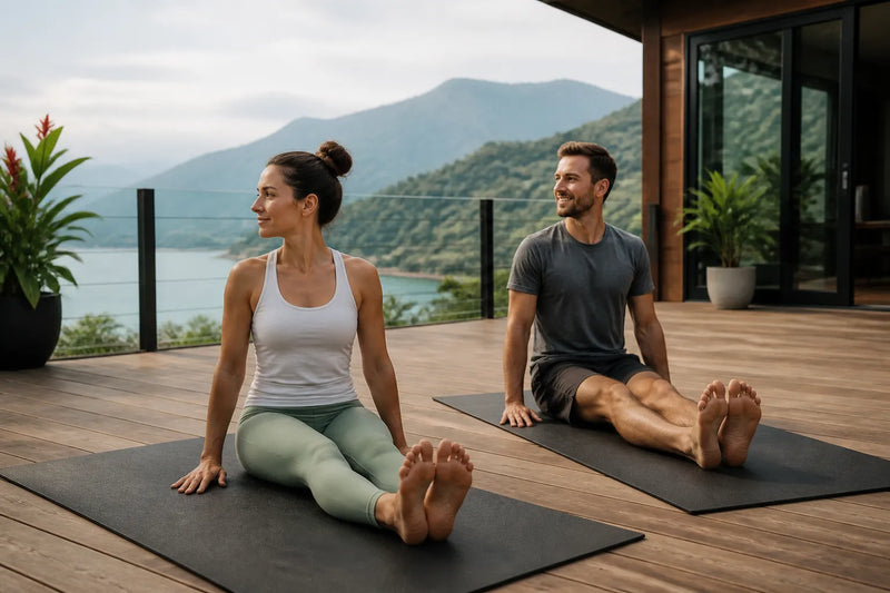 couple doing easy seat pose in outdoor deck