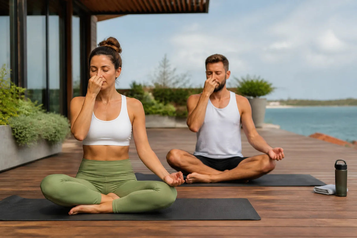 couple doing pranayama in outdoor deck