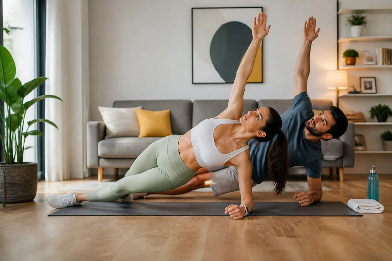 couple doing side plank pose in living room