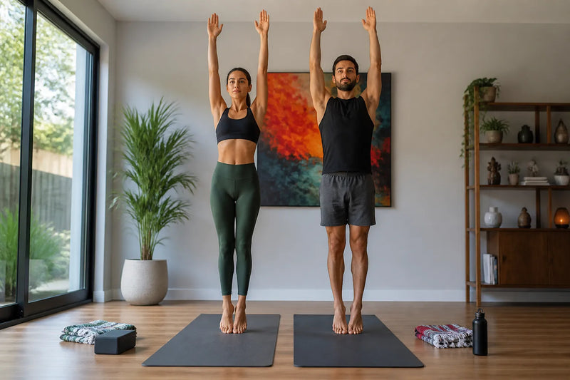 couple doing toe stand in home practice room