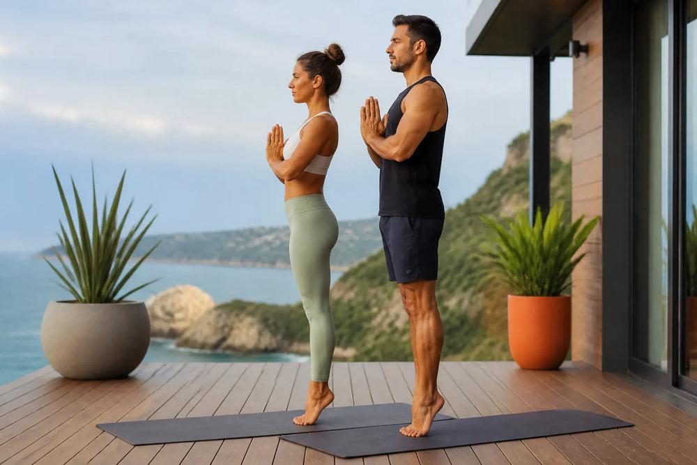 couple doing toe stand in outdoor deck