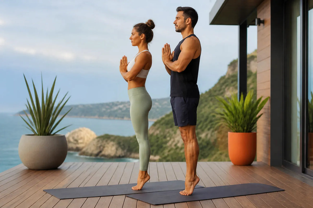 couple doing toe stand in outdoor deck