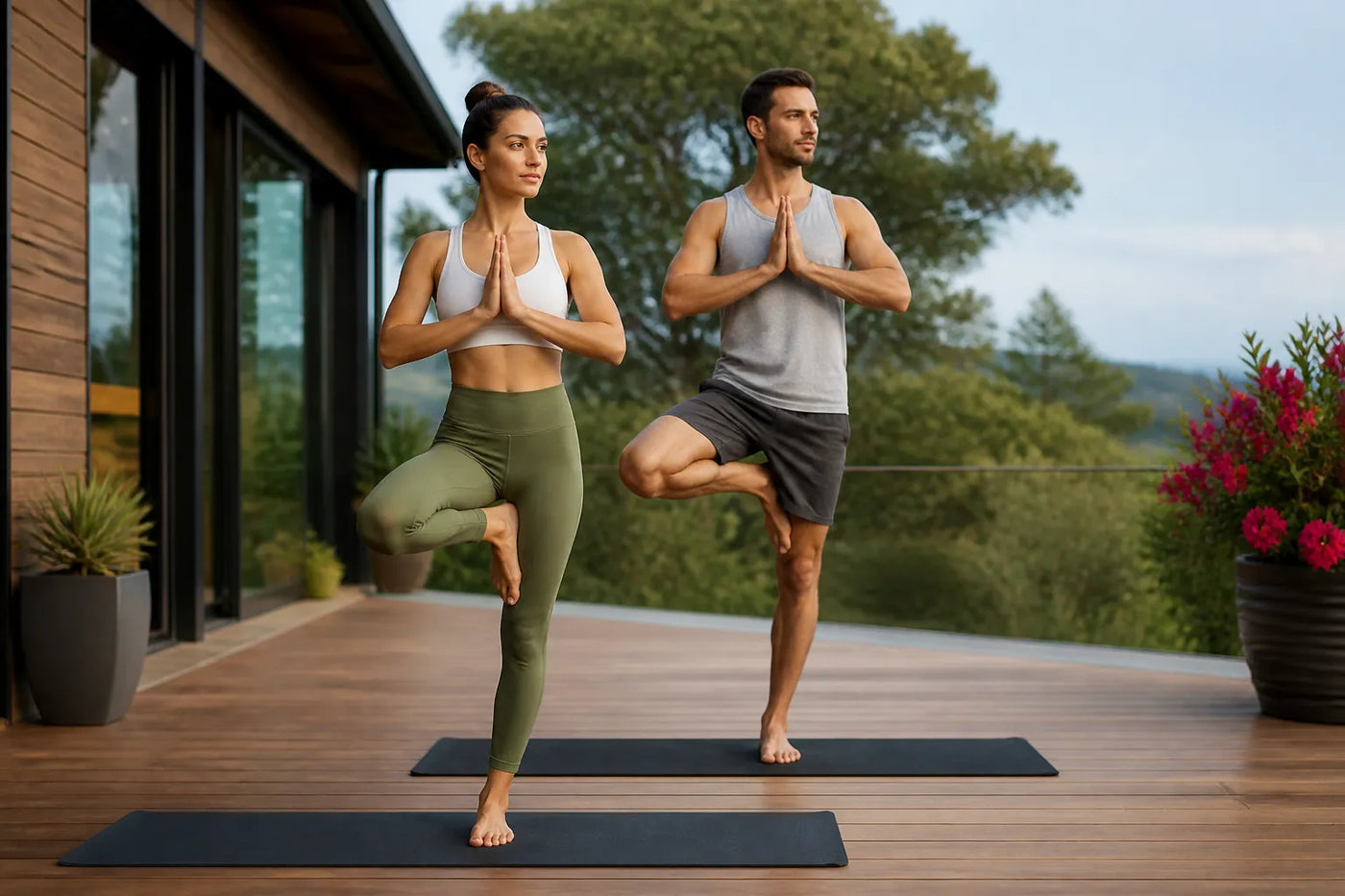 couple doing tree in outdoor deck