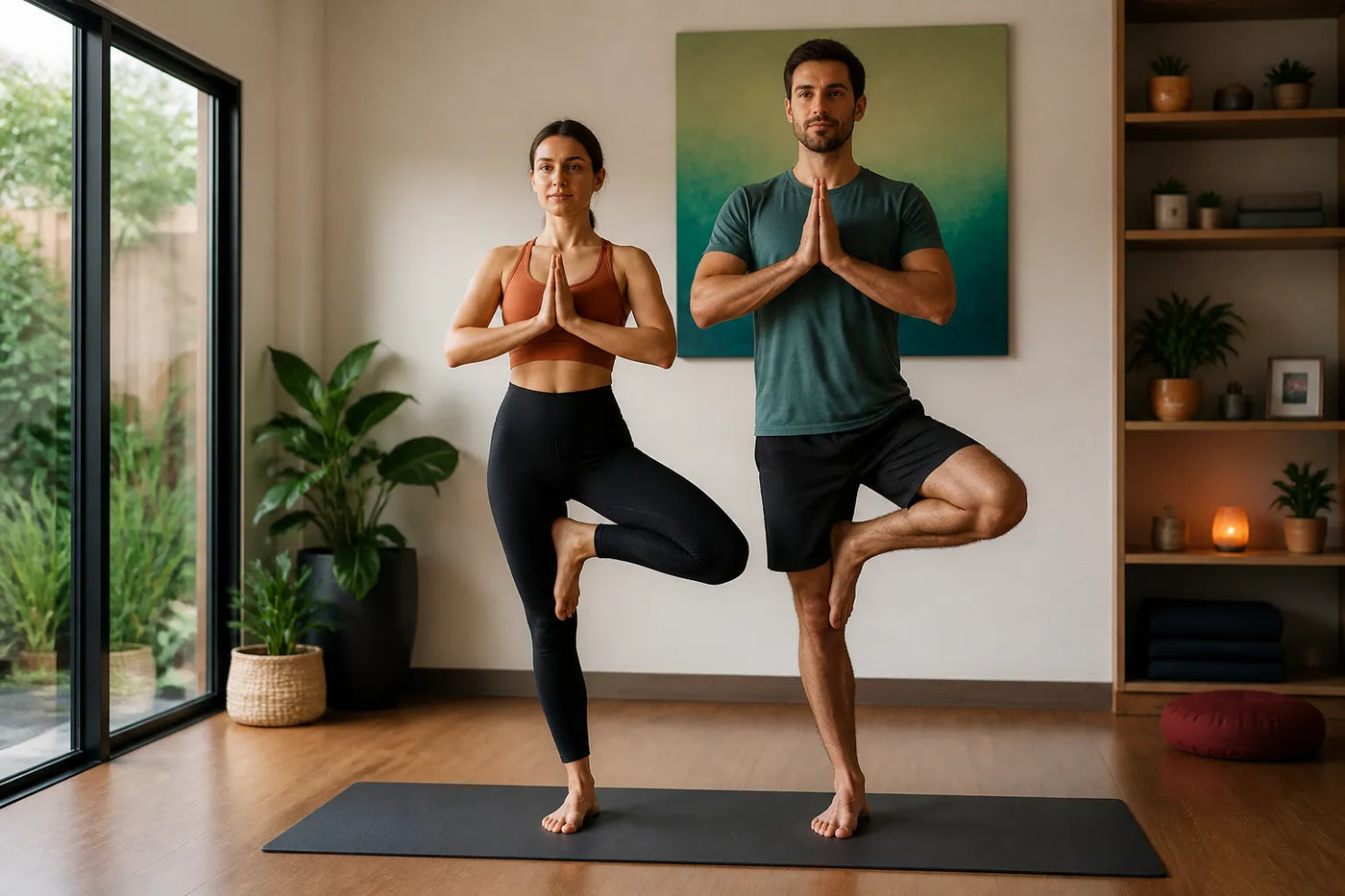 couple doing tree in home practice room