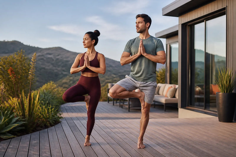 couple doing tree pose in outdoor deck