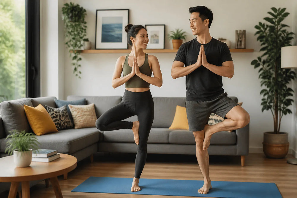couple doing tree pose in living room