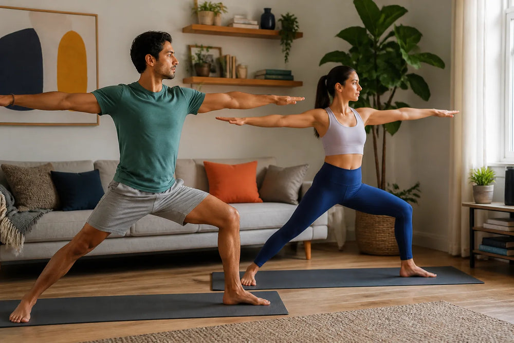 couple doing warrior II pose in living room