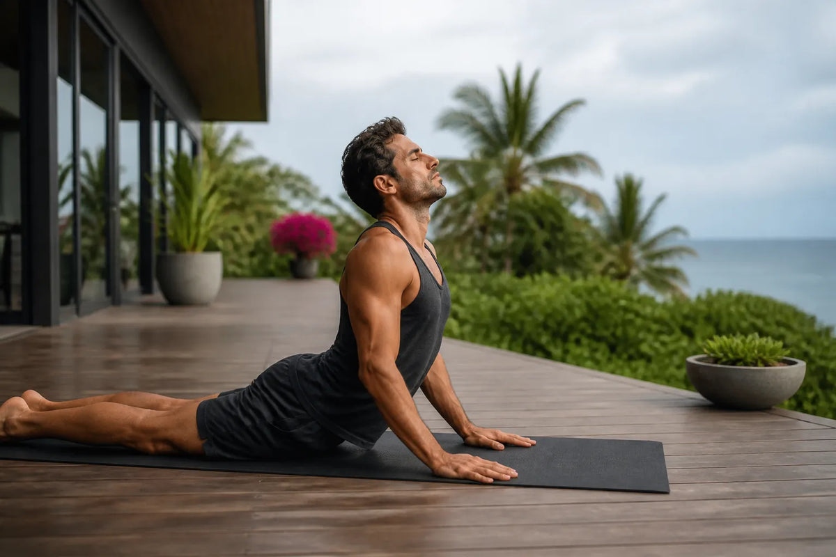 man doing cobra in outdoor deck