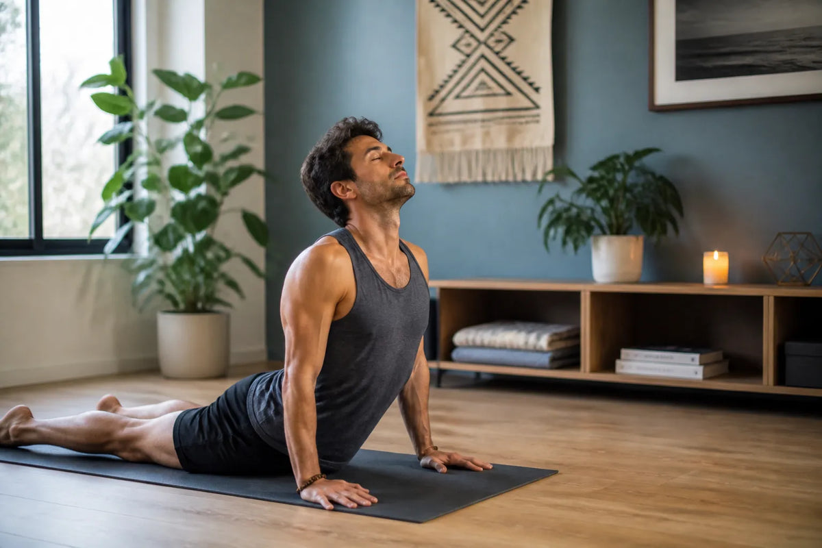 man doing cobra in home practice room