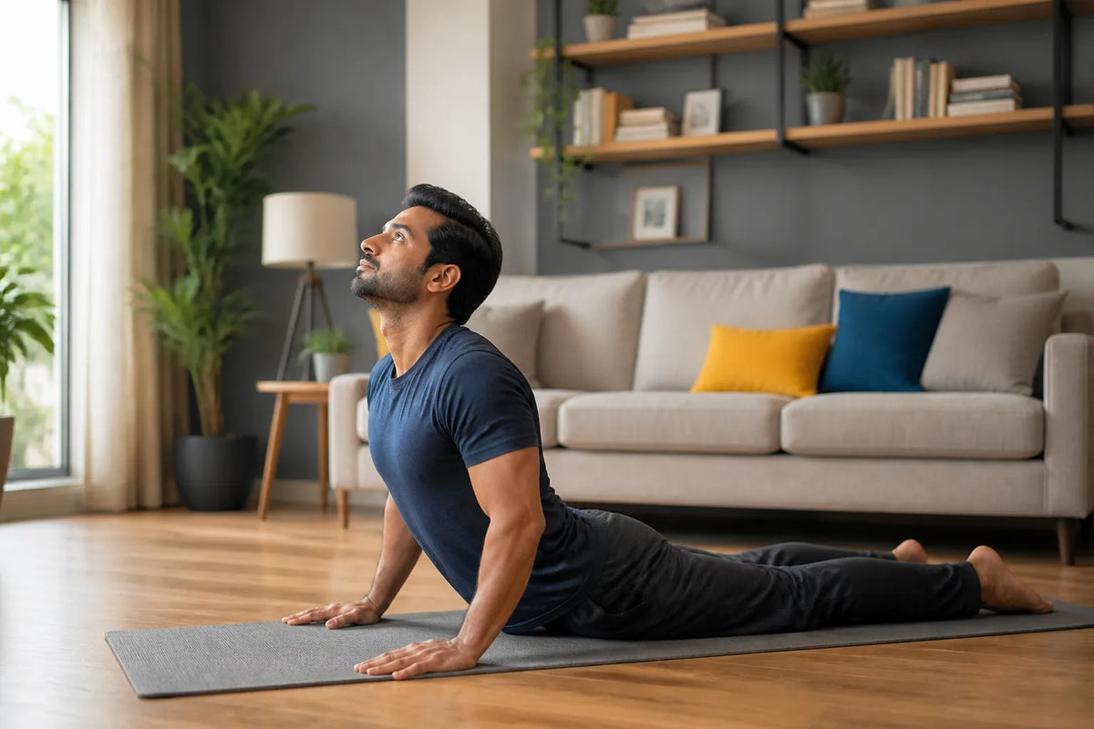man doing cobra pose in living room