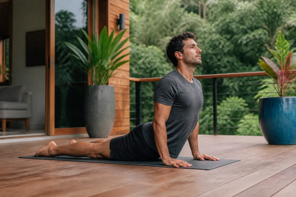 man doing cobra pose in outdoor deck