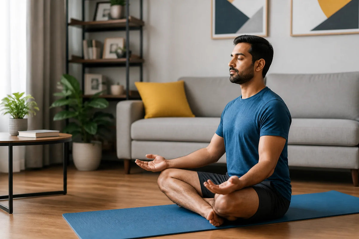 man doing easy seat pose in living room