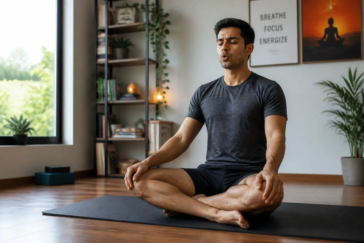 man doing pranayama in home practice room