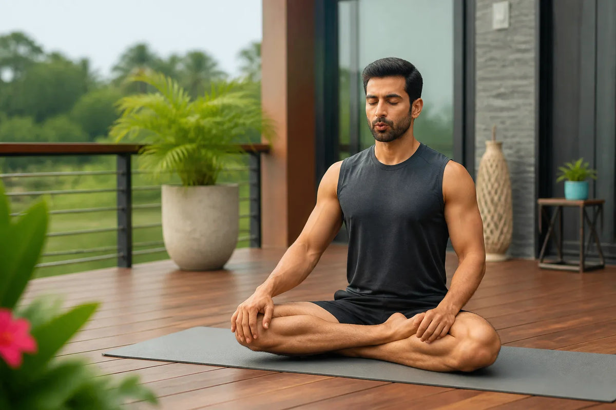 man doing pranayama in outdoor deck