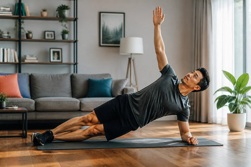 man doing side plank pose in living room