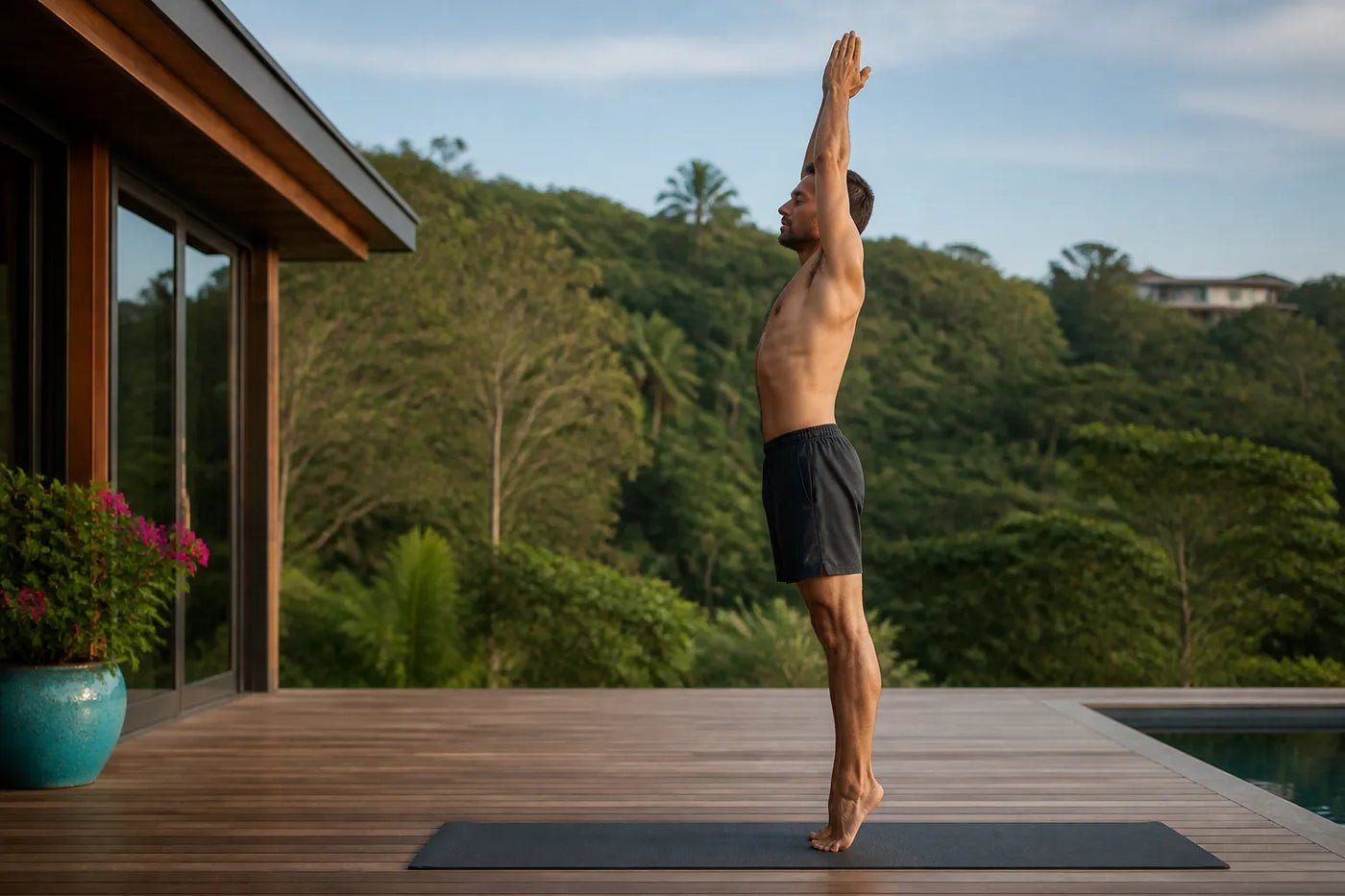 man doing toe stand in outdoor deck