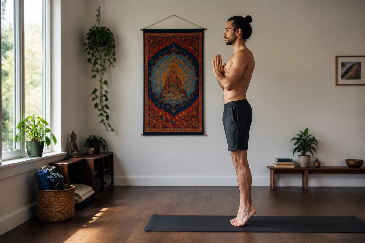 man doing toe stand in home practice room