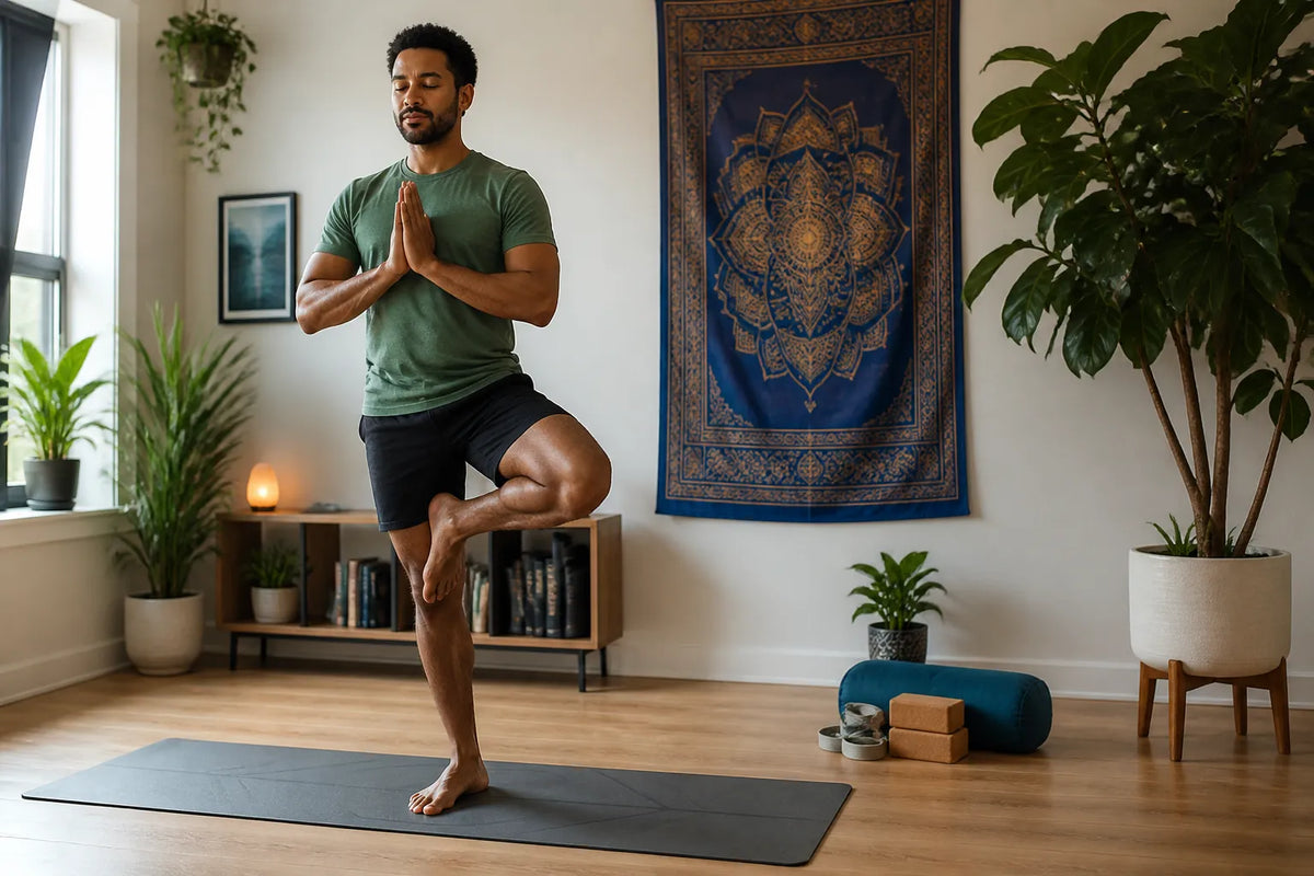 man doing tree in home practice room