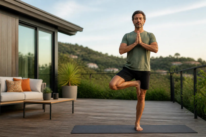 man doing tree pose in outdoor deck