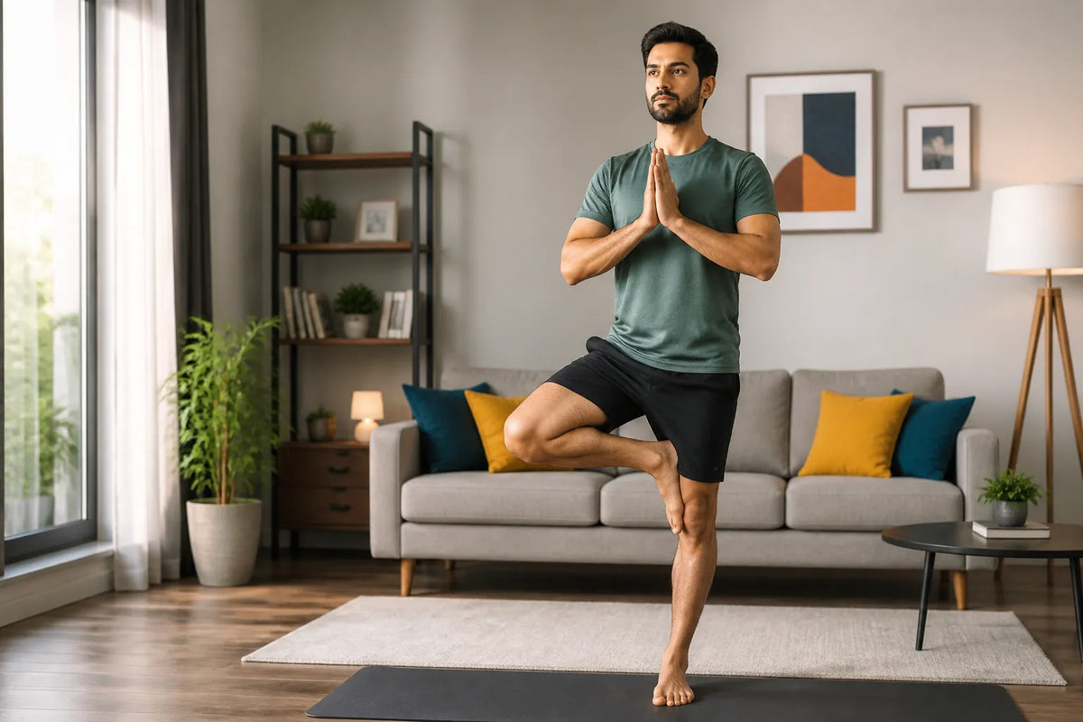 man doing tree pose in living room