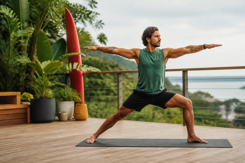 man doing warrior II pose in outdoor deck
