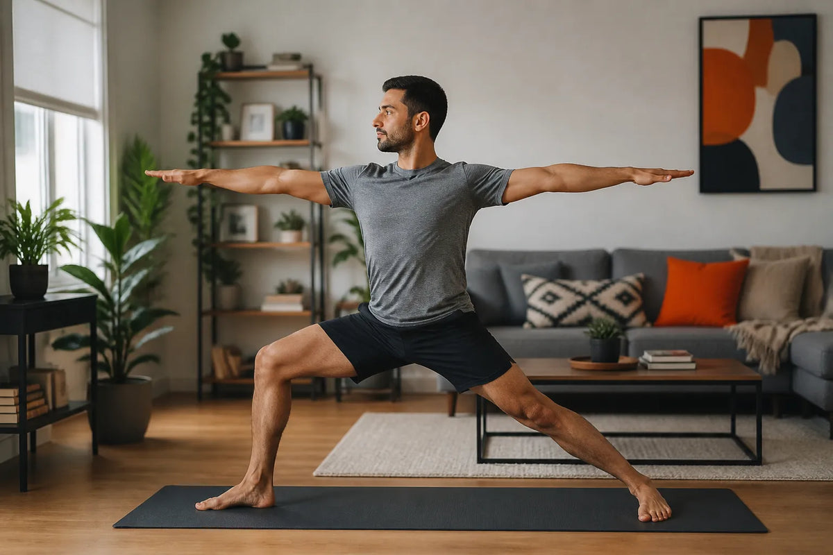 man doing warrior II pose in living room