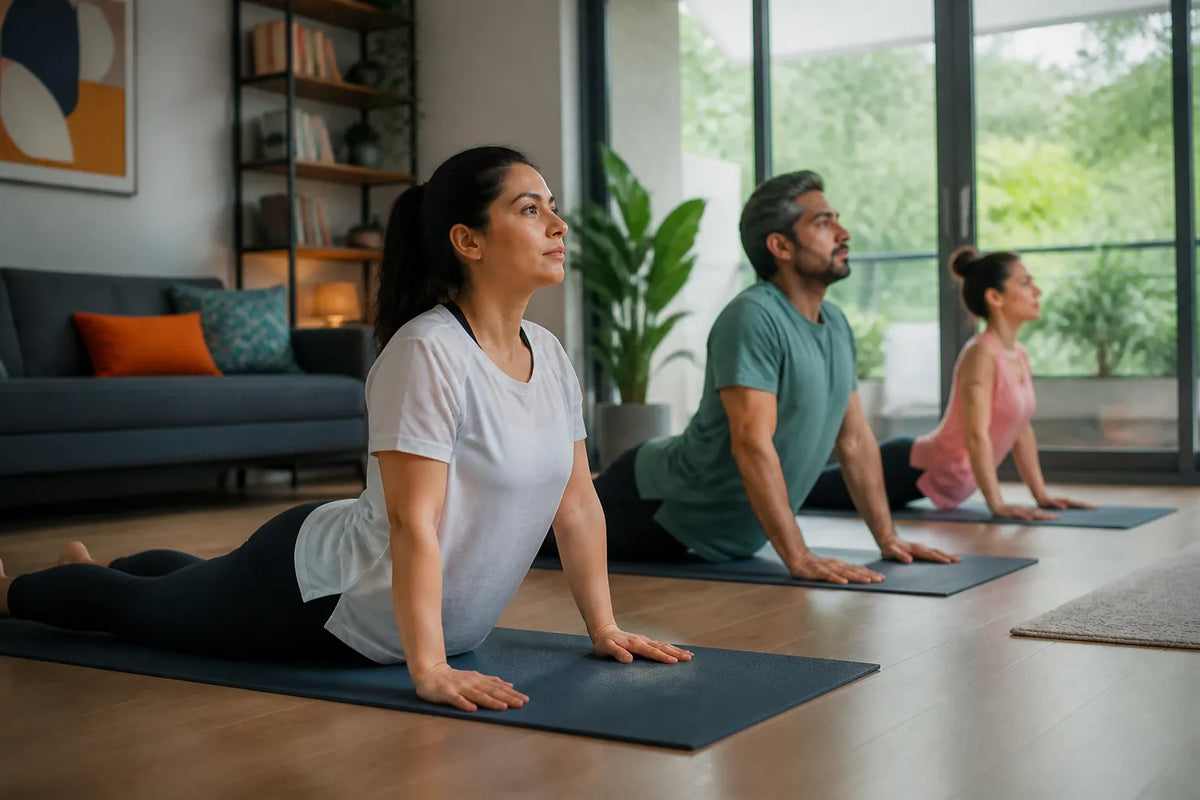 small group doing cobra pose in living room
