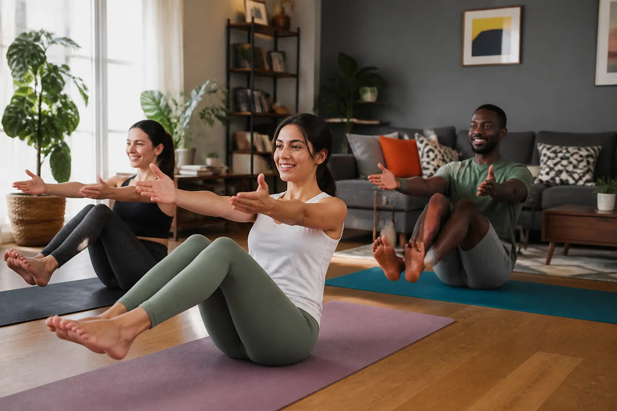 small group doing easy seat pose in living room