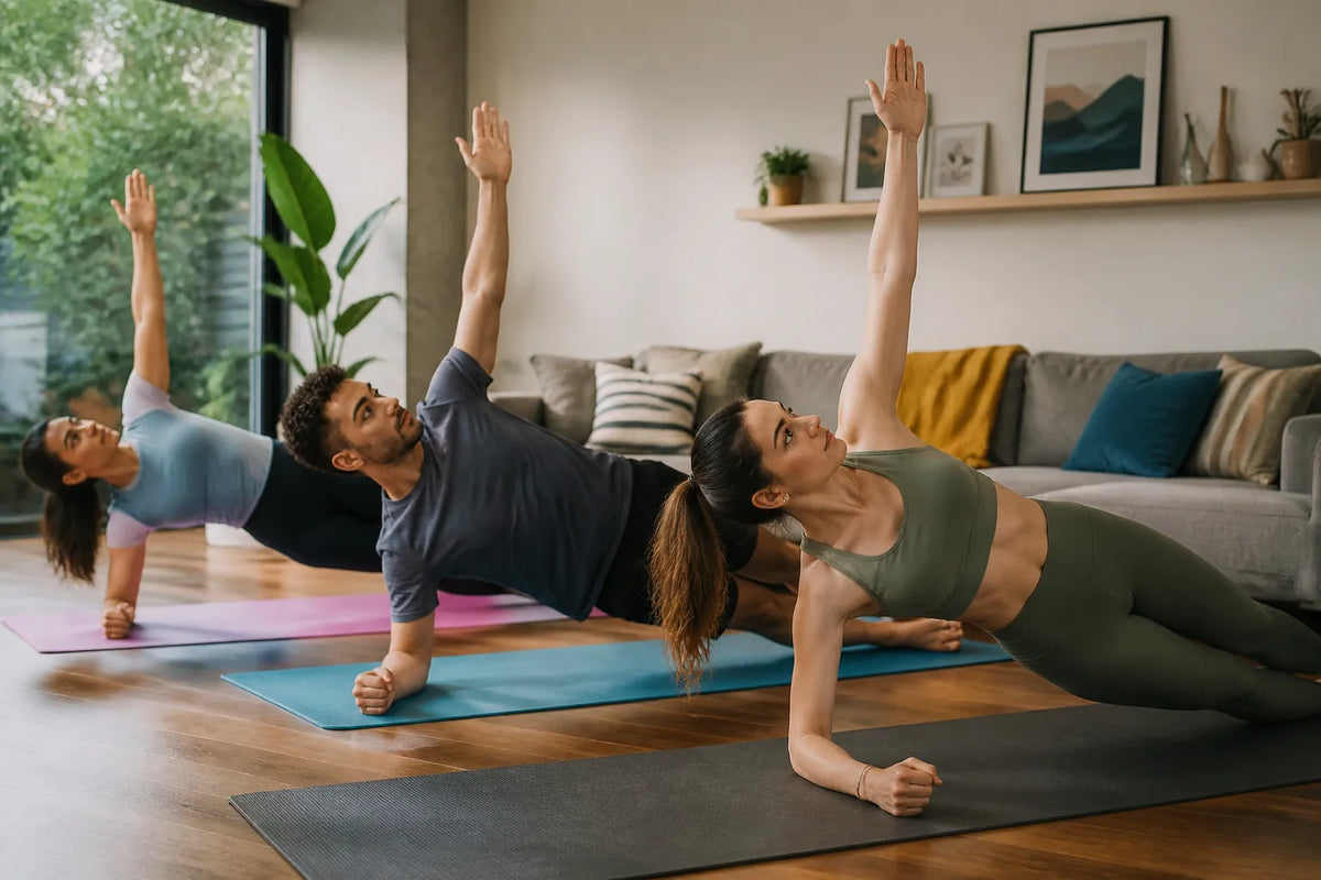 small group doing side plank pose in living room