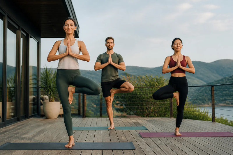small group doing tree pose in outdoor deck