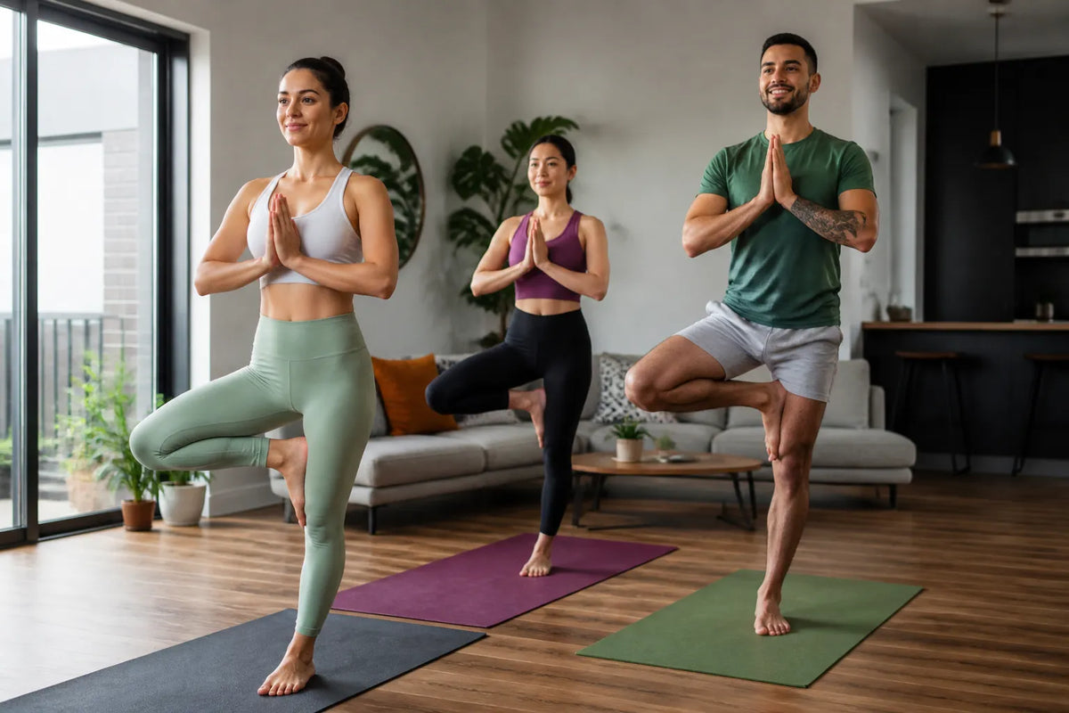 small group doing tree pose in living room