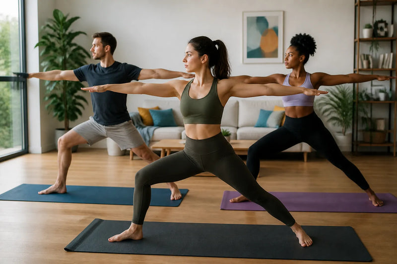 small group doing warrior II pose in living room