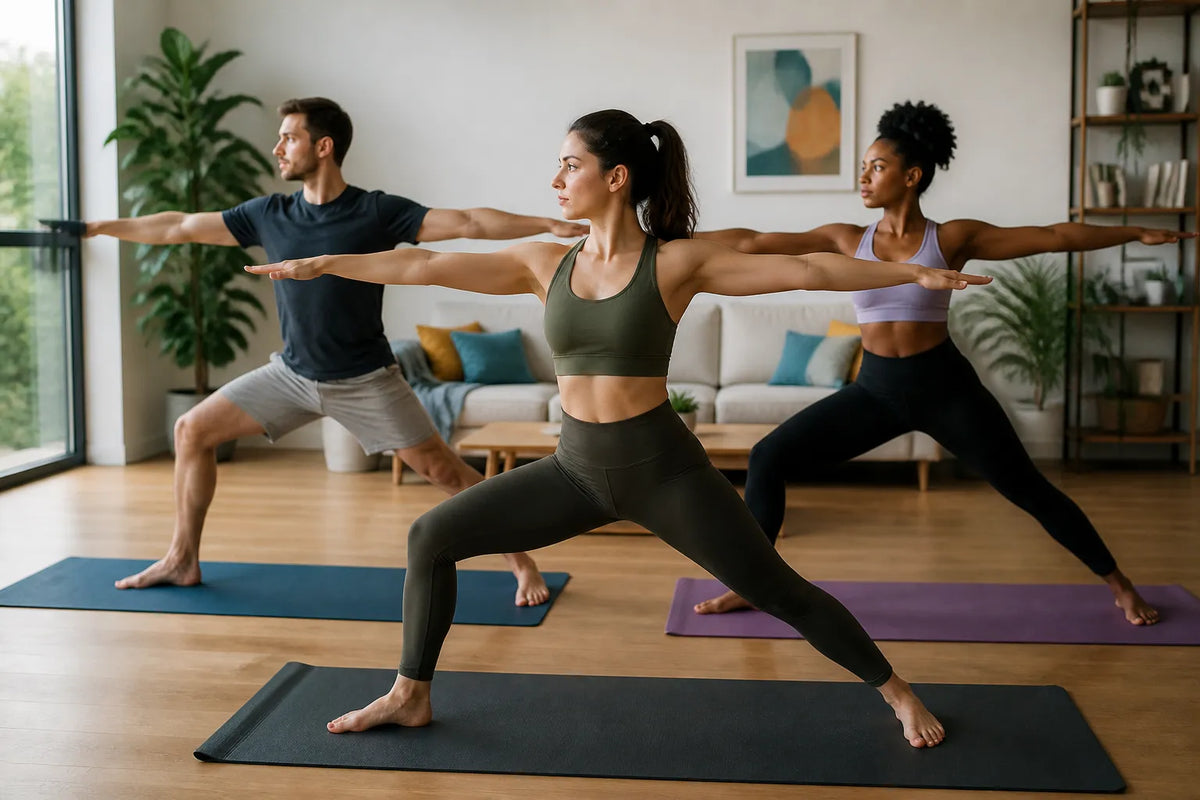 small group doing warrior II pose in living room