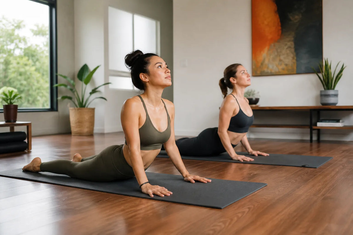 two women doing cobra in home practice room