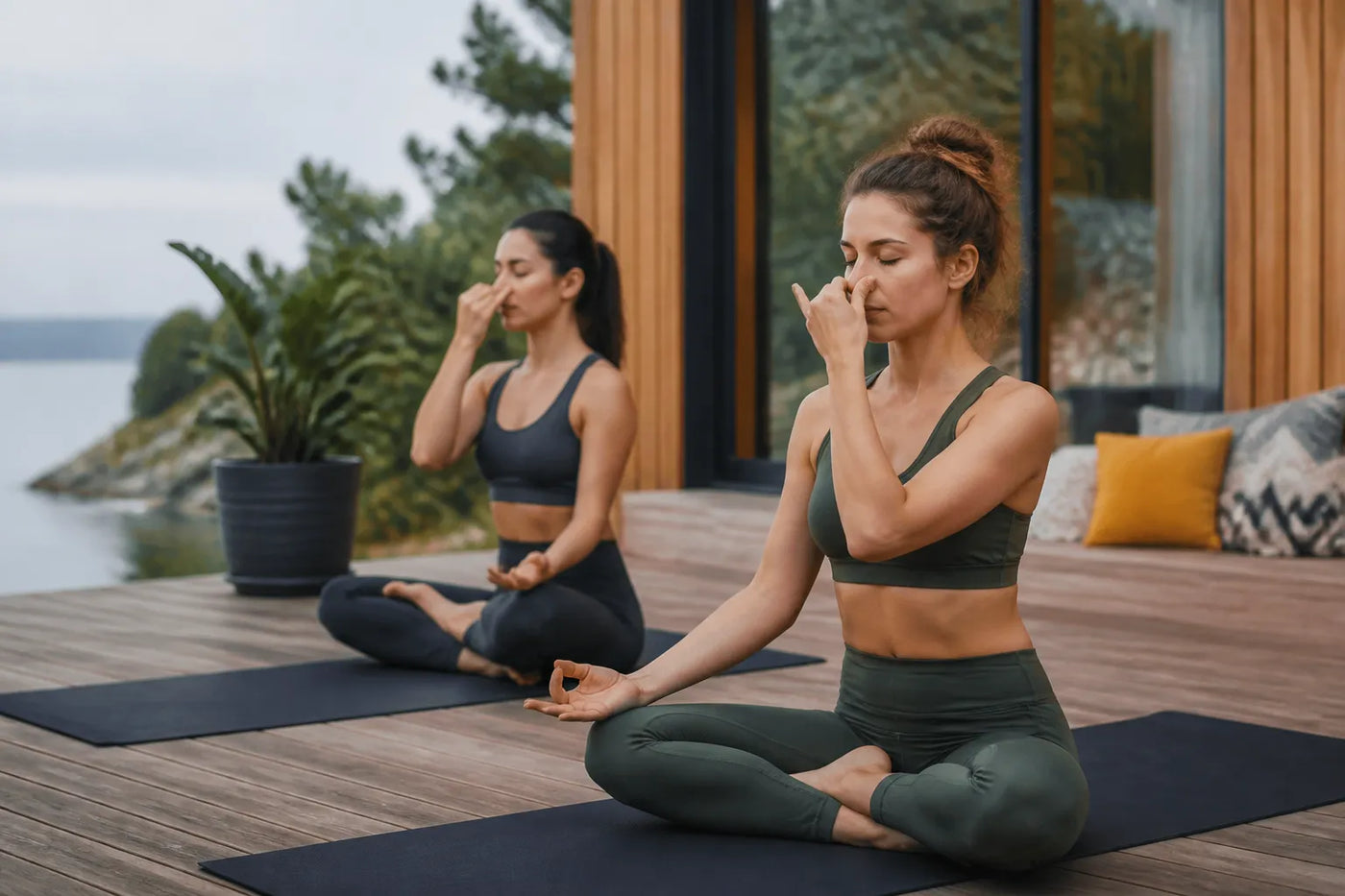 two women doing pranayama in outdoor deck