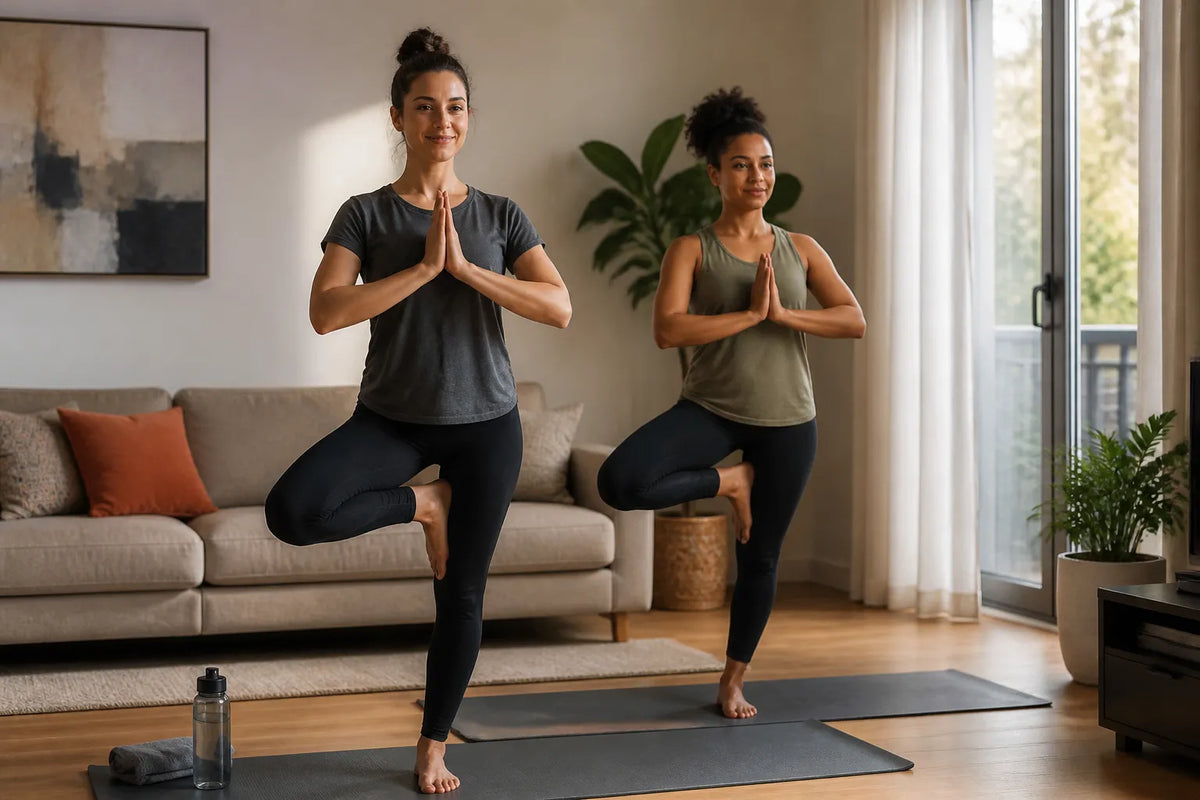 two women doing tree pose in living room