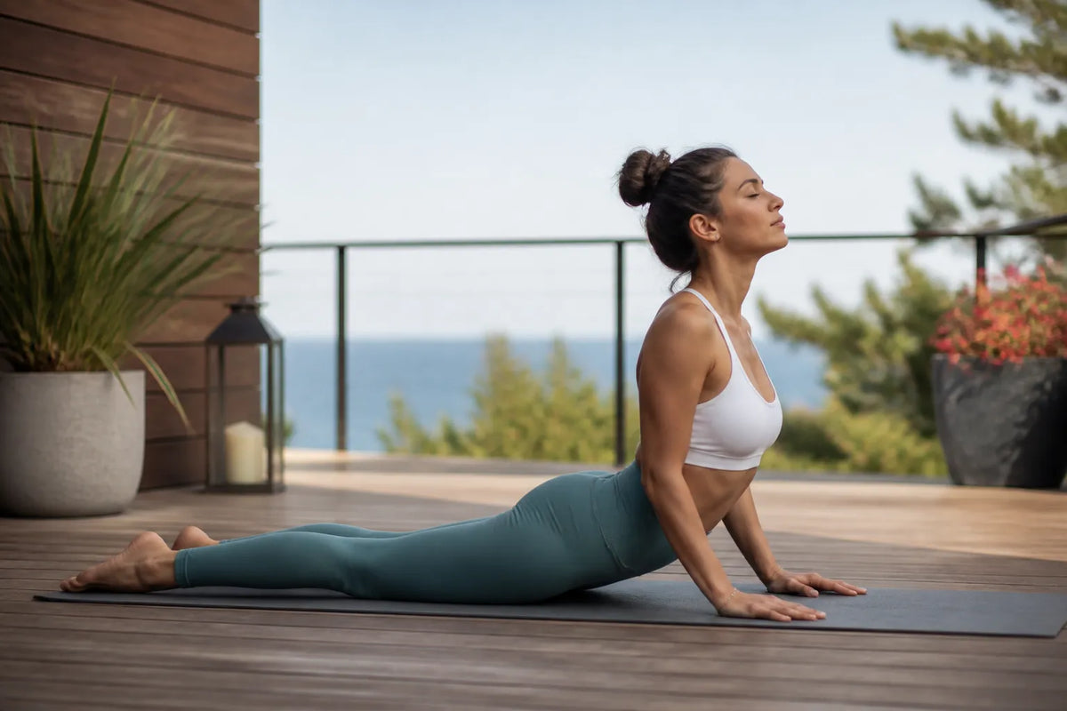 woman doing cobra in outdoor deck