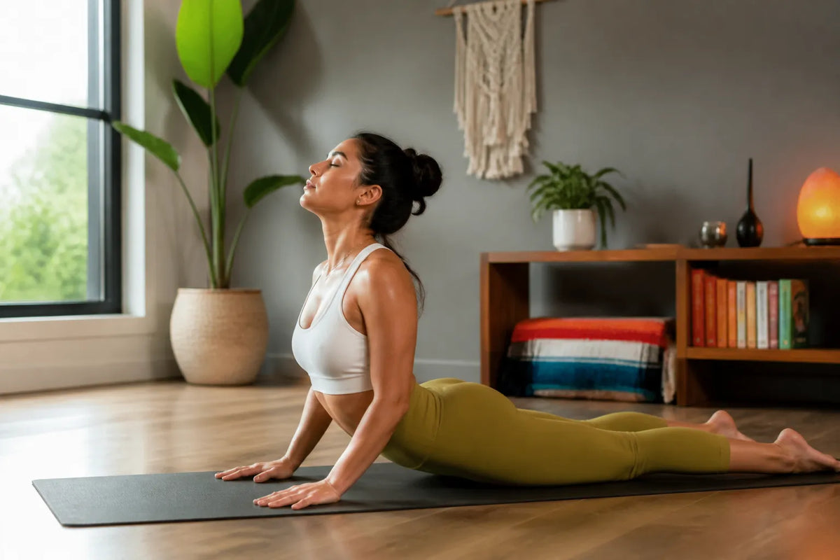 woman doing cobra in home practice room