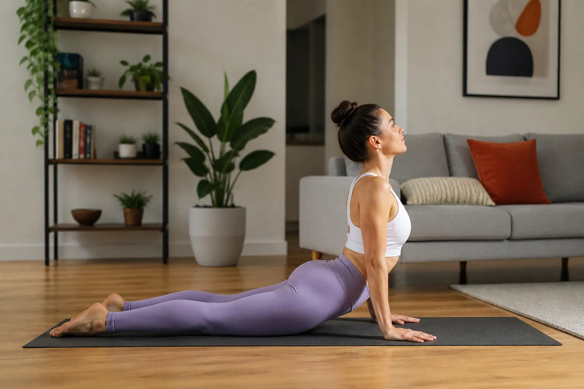 woman doing cobra pose in living room