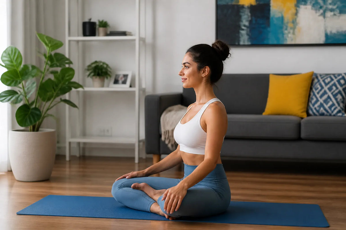 woman doing easy seat pose in living room