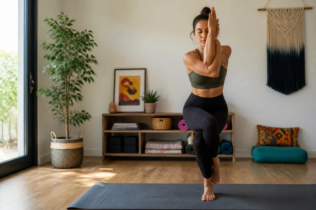woman doing pranayama in home practice room