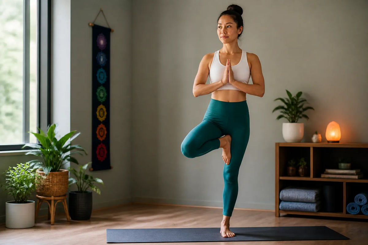 woman doing tree in home practice room