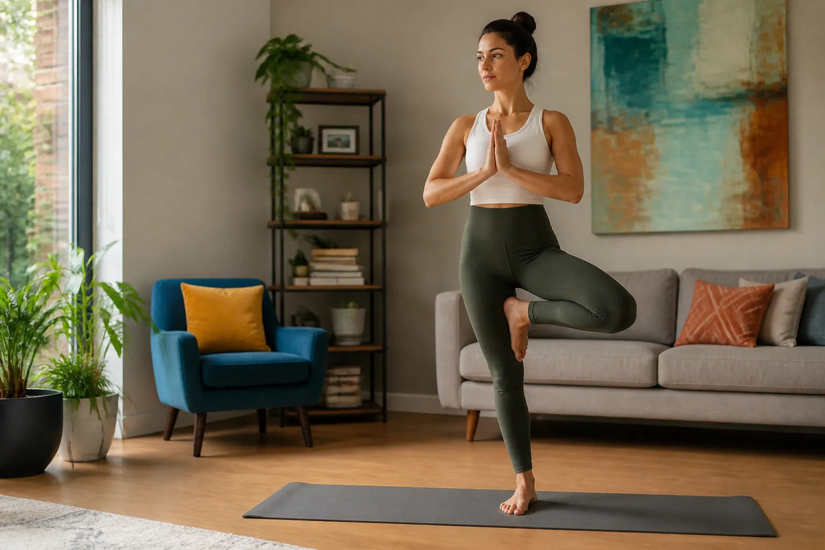 woman doing tree pose in living room