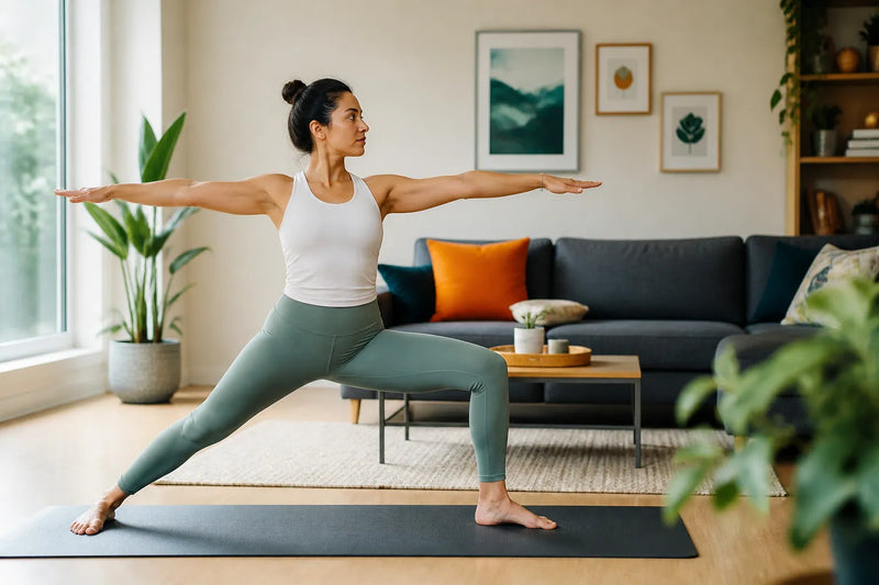 woman doing warrior II pose in living room